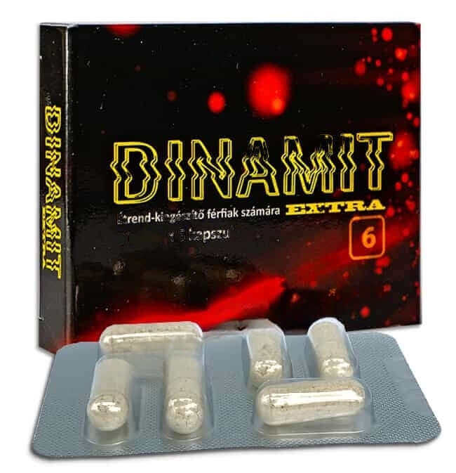 Dynamite potency capsules with Maca, Siberian Ginseng, and Saw Palmetto for strong erections, 6 pieces per box.