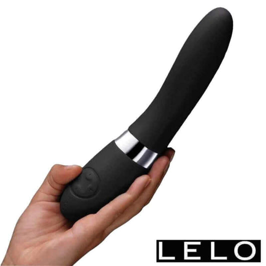 Hand holding black Elise 2 Lelo vibrator with USB charge and multiple vibration modes.