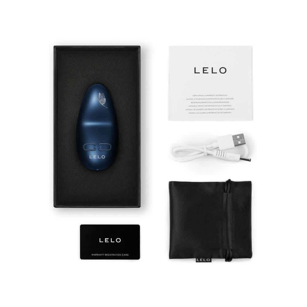 Vibrator Lelo Nea™ 3 in Alien Blue with box, warranty card, USB charger, and storage pouch