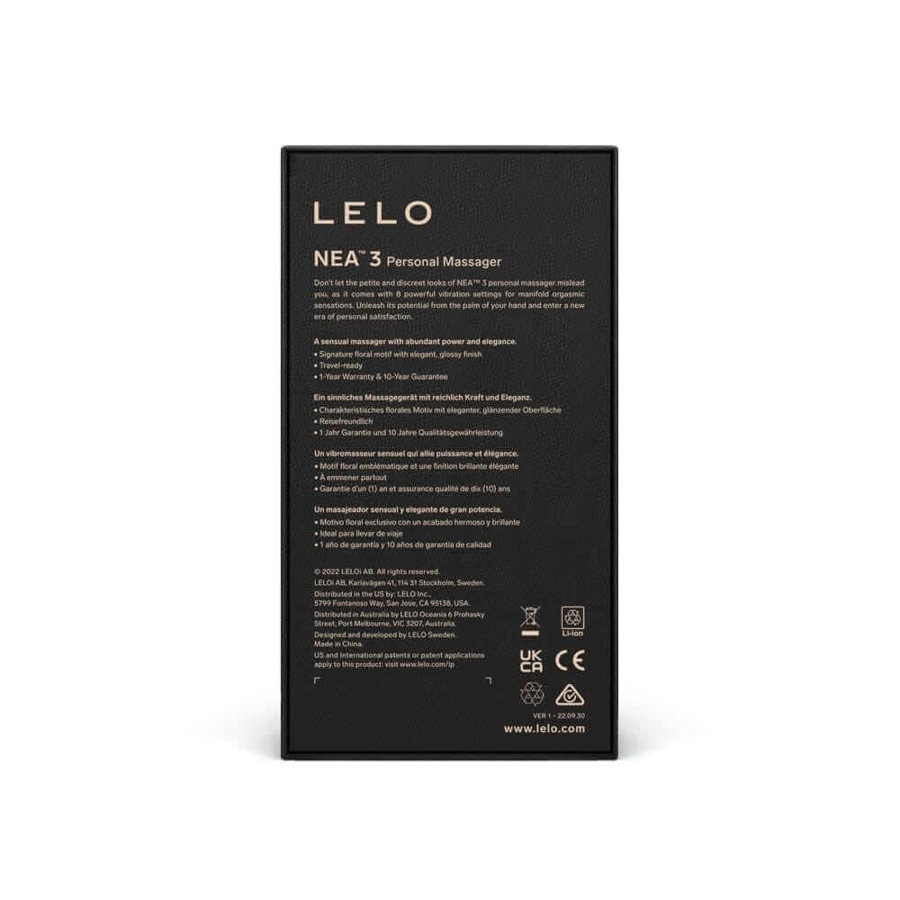 Packaging of Lelo Nea™ 3 Personal Massager, highlighting product features and discreet design in sleek black box.