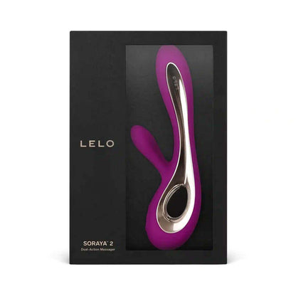 Lelo Soraya 2 rabbit vibrator in packaging, features dual-action limbs for vaginal and clitoral stimulation, waterproof and USB rechargeable.