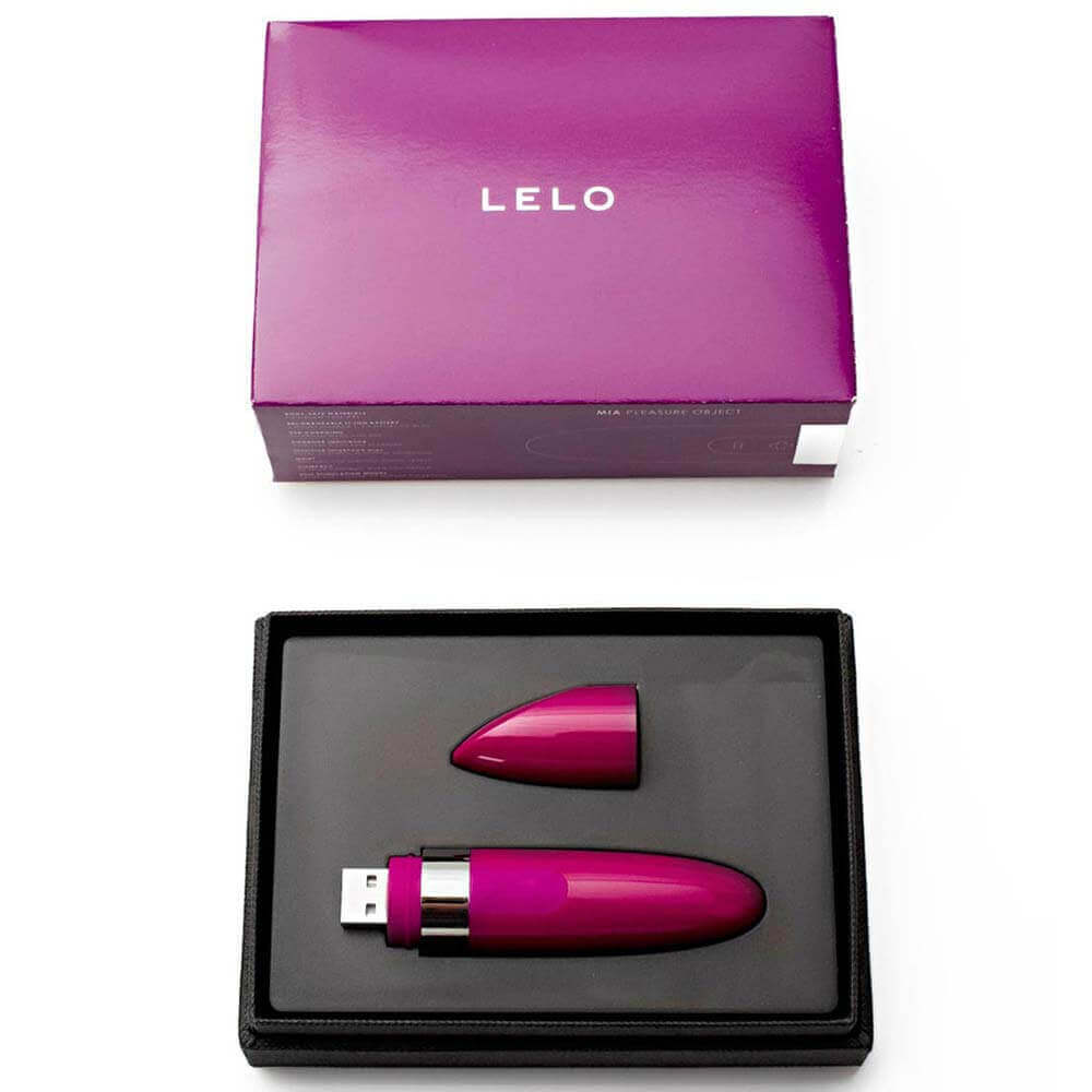 LELO Mia 2 Lelo vibrator with 6 speeds in purple, shown in its packaging with detachable cap and USB charging.