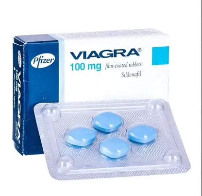 Viagra 100 mg sildenafil tablets, Pfizer packaging and blister with 4 blue pills for erectile dysfunction treatment